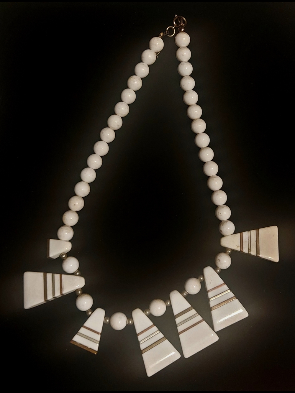 White Beaded Statement Necklace with Geometric Pendants